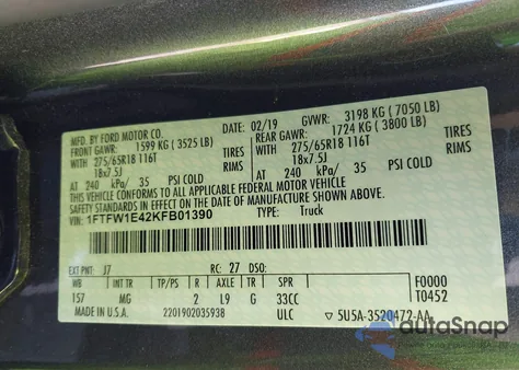 2019 Ford F-150 Xlt из США, поврежденный, VIN 1FTFW1E42KFB01390